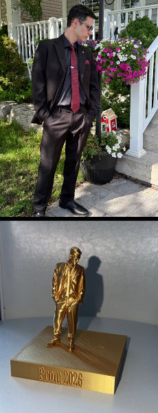 A two-panel image showing a man in a dark suit and red tie standing outdoors near flower baskets, above a gold figurine on a gold base engraved with 'Prom 2026'.
